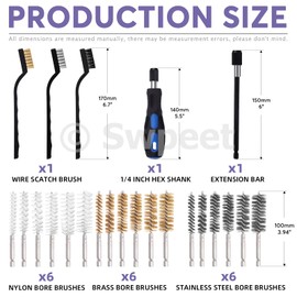 Swpeet 24 piezas de 3 materiales de 6 tamaños de cepillo de alambre con kit de cepillo de alambre de acero inoxidable, latón, cepillo de limpieza de nailon con mango y cepillo de limpieza de alambre trenzado, vástago hexagonal de 1/4 pulgadas