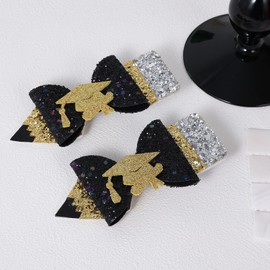 4.5” Glitter Graduation Cap Hair Bow Clips Shiny Gold Black Pencil Hair Barrettes Alligator Pins for Girl Graduate Student Teacher Happy Graduation Party Dress Decor Accessory Gift