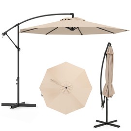 Tangkula 10 FT Patio Umbrella, Offset Cantilever Outdoor Umbrella with Cross Base, Crank, 8 Ribs, for Garden, Poolside and Backyard (Beige)
