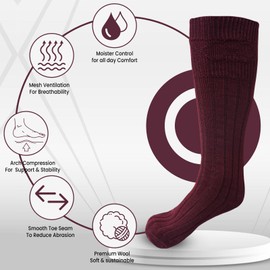 Scottish Highland Kilt Hose for Men, Ribbed Socks for USA Shoe Sizes, Wool Blend, Maroon, Medium