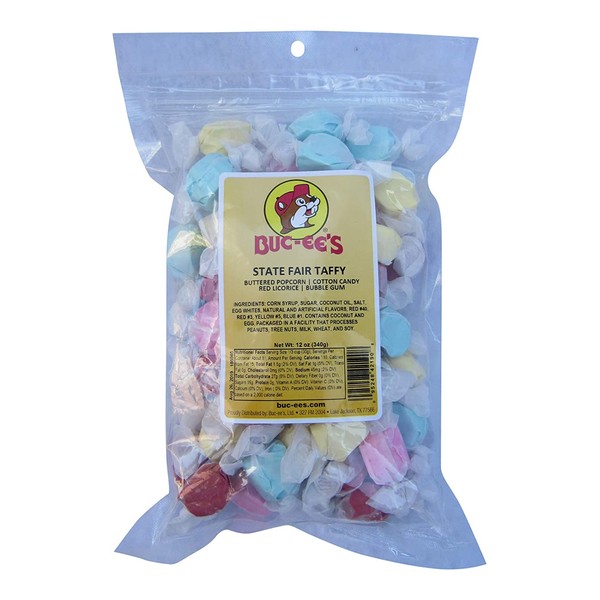 Buc-ee's State Fair Flavored Taffy in a Resealable Bag - Bubble Gum, Buttered Popcorn, Cotton Candy, Red Licorice - 12 Ounces