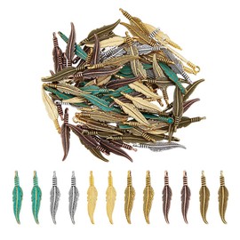 DICOSMETIC Pack of 144 Feather Charms, 6 Colours, Alloy Feather Pendants, Tibetan Charm, Long Feather Charm, Dangle Leaf Charm for Necklace, Bracelet, Earring, DIY Crafts, Bore: 2 mm