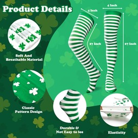 4 Pairs St. Patrick's Day Socks Shamrock Socks for Women 27" Long Tube Sock Green Socks White Green Striped Sock Clover Athletic Running Knee Thigh Stocking for Adult Women Novelty Irish Sock Costumes