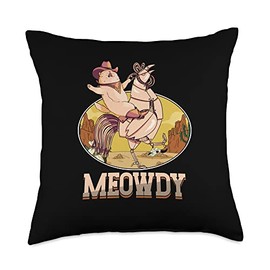 Meowdy Cat Riding Chicken Cowboy Wild West Gift Funny Meowdy | Cat Riding Robot Chicken | Cowboy Wild West Throw Pillow, 18x18, Multicolor
