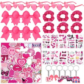 cadelon 84 Pcs Hot Pink Princess Party Favors Kit -Heart Shaped Glasse，Headband Bowknots，Tattoo Stickers，Stickers，Keychain，Stuffer Filler Makeup Party Decorations