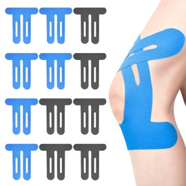 Xugoox 12pcs Precut Kinesiology Tape for Knees, Waterproof Knee Support Stickers for Knee Pain & Stability, Breathable Kinesiology Athletic Tape Strips,Black and Blue