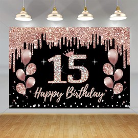15th Birthday Decorations for Girls, Party Decoration Black and Rose Gold, 15th Birthday Fabric Sign Hanging Poster, 15th Birthday Backdrop Banner Party Welcome Sign