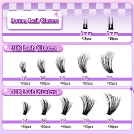 Fluffy Lash Cluster with Bottom Lashes 14-22mm Long 30D+40D Thick Cluster Eyelash Extensions Flat D Curl Volume 276Pcs Individual Lashes Soft Wispy False Eyelashes DIY Lash Extension, by Hushlibaby