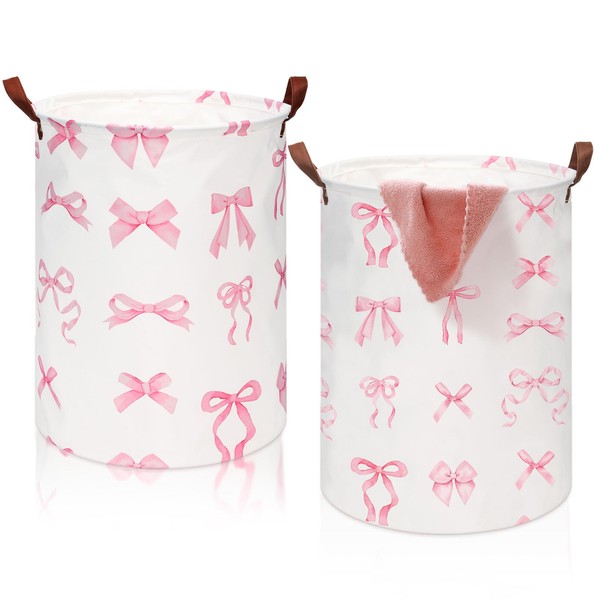 CroBlissful 2 Pcs Coquette Pink Bow Laundry Basket Coquette Storage