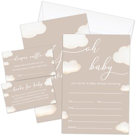 oayGnay Oh Baby Shower Invitations Kit, Clouds Gender Reveal Invitations for Boys Girls, 25 Invitation with Envelopes, Book Request Cards, Diaper Raffle Tickets for Baby Shower Party Supplies -A03