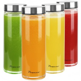 poweco Glass Juice Bottles 4 Pack 20 oz - Wide Mouth Glass Water Bottles with Lids - for Juicing, Protein, Smoothie, Milk, Reusable, BPA Free, Stainless Steel Lids, Blender, Shaker Bottle (600ml)