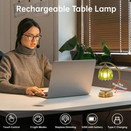 Shenmoyl Cordless Table Lamp with 5200mAh Battery & Touch Control - 3 Adjustable Color Temperatures Bulb, Rechargeable Small Table Lamps for Living Room, Bedroom, Office Desk, Nightstand (Green Tulip)