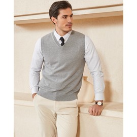 KALLSPIN Men's 100% Cotton Sweater Vest V Neck Regular Fit Knit Sleeveless Vest Pullover Sweater(Light Grey,Medium)