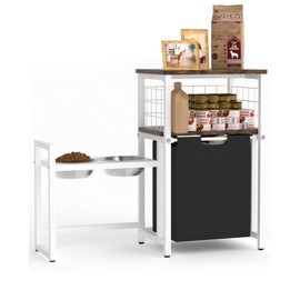 Sungaryard 30.6Long x 26.2 High Elevated Dog Bowl Stand with Pet Food Storage Organizer, Adjustable Raised Feeding Station with Toy Basket for Large Medium Small Dogs and Cats, White