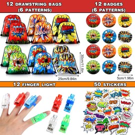 Paterr 103 Pcs Birthday Party Favor Supplies Set Include Drawstring Bags Silicone Bracelets Badge Buttons Spiral Notebooks Pencils Bookmarks and Stickers for Carnival Prizes Gift Decorations(Cartoon)