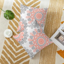 CaliTime Throw Pillow Cases Pack of 2 Cozy Fleece Asymmetrical Mandala Floral Compass Medallion Decorative Cushion Covers for Couch Bed Sofa Farmhouse Decoration 18 X 18 Inches Coral Pink Gray
