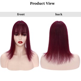 S-noilite 130% Density Human Hair Toppers with Bangs Hand Tied Silk Base Clip In Topper Top Hair Pieces For Women with Thinning Hair/Hair Loss Cover Gray Hair 18Inch 57g-Wine Red