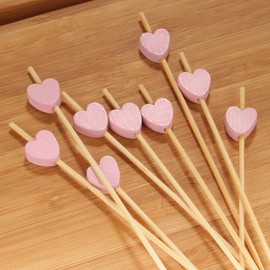 BambooMN 5.9 Inch Pink Heart Bamboo Food and Drink Pick Skewers for Catered Events, Holiday's, Restaurants or Buffets Party Supplies, 100 Pieces