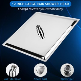 Voolan All Metal Shower Head with Extension Arm, Stainless Steel Waterfall Rainfall Showerhead, High Flow Bathroom Square Large Rain Shower Head (12’’ Shower Head with 15’’ Shower Arm, Chrome)