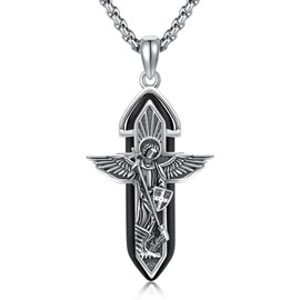 Saint Michael Necklace for Men 925 Sterling Silver Archangel Michael Pendant Necklace Catholic St Michael Cross Necklaces with Heart Healing Crystal for Him