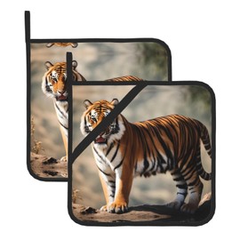 YYHWHJDE Square Insulated Pot Set of Two Holder Heat Resistant Kitchen Mats Ideal for Kitchen pot lid and Outdoor BBQ Animals Tiger Prints