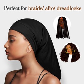 Fittia Long Silk Satin Bonnet for Braid, Silk Satin Bonnet Sleeping Long Curly Hair, Large Big XL Silk Sleep Cap for Frizzy Hair Black