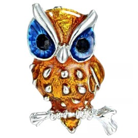 Unbranded Playful Perching WISE Spotted OWL Silver Amber Blue Enamel Retro Inspired Brooch