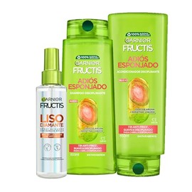 Kit Garnier Fructis Rutina Adiós Esponjado Antifrizz para cabello Shampoo 650ml  Acondicionador 650ml  Spray Alisador 150ml, 100H de brillo, Keratina 