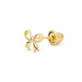 Dainty Tiny Birthday Gift Band Solid Genuine 14K Yellow Gold Mini Bow Stud Earrings For Women Teenager Safety Clasp Screw Back, Yellow Gold, No Gemstone