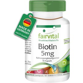 Fairvital Biotin 5 mg – High-Dose Vitamin B7 – 90 Vegan Capsules – 5000 mcg per Capsule – Lactose-Free