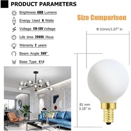 XININSUN Frosted G16.5 globe light bulb,e12 Round Candelabra Bulb 40 watt,4W Chandelier Light Bulbs,Milky White Candelabra LED Bulb,Dimmable,4W 4000K Daylight 400lm,6Pack