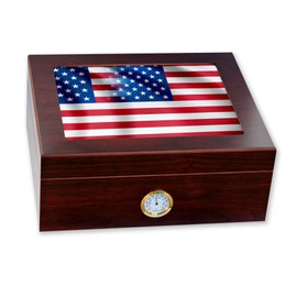 Premium Desktop Humidor - Glass Top - Flag of United States American USA - Waves with USA Flag - Cedar lined with humidifier & front mounted hygrometer.
