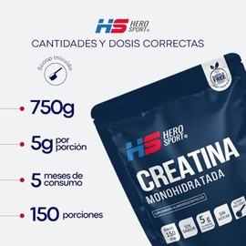 HS HERO SPORT Creatina Monohidratada Micronizada de Alta Pureza 750g Pre Entreno en Polvo. 5g de Creatina por Porción, 100% Pura, 100% Natural, 0 Azúc