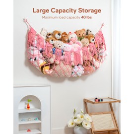 Stuffed Animal Hammock Net with Lights - Xlarge Hanging Toy Hammock Organizer for Stuffed Animals and Teddy Bear Storage,Boho Plushie Net for Girls Bedrooms Playroom Nursery(Pink)