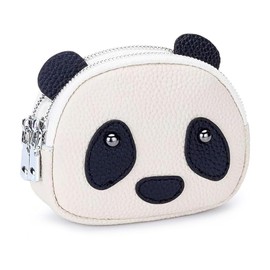 Cute Panda Genuine Leather Coin Case with Keychain Women Double Zipper Pouch Key Coin Purse Cute Leather Small Wallet Mini Wallet Lightweight, white