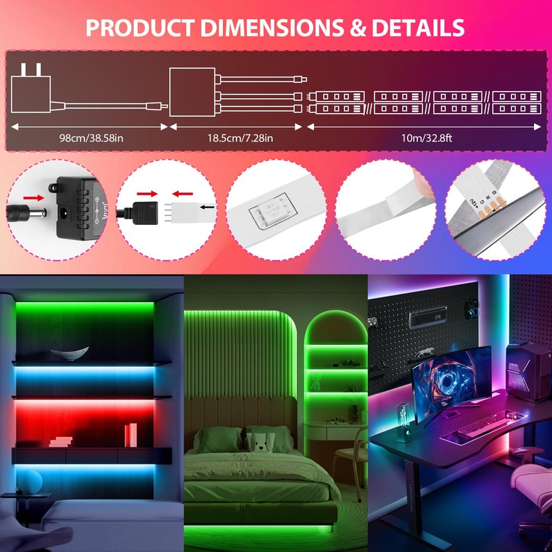 LED Strip Lights 65.6Ft(2 Rolls of 32.8ft), Dimmable 5050 RGB