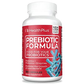Health Plus Prebiotic Formula - Probiotics + Prebiotics + Digestive Enzymes - Gluten Free, Dairy Free, Natural Herbal Ingredients (180 Capsules, 60 Servings)