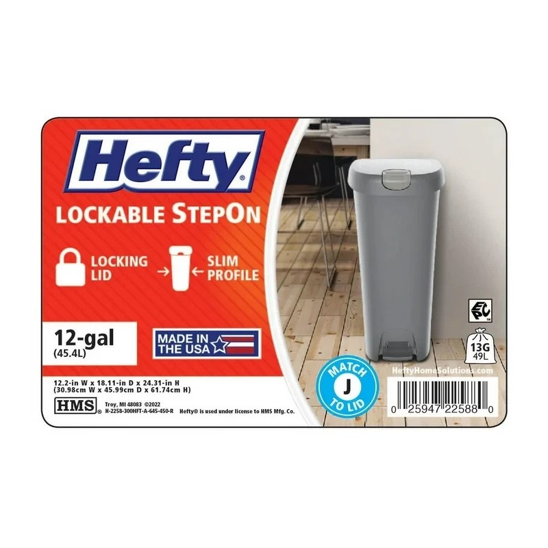 Hefty 12 Gallon Trash Can, Plastic Slim Lockable Step On