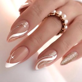 Uñas postizas cortas con cobertura total, uñas francesas nude, uñas postizas con prensa en almendra, uñas postizas con purpurina para mujeres y niñas,