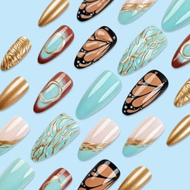 24Pcs Press on Nails Short Almond Fake Nails Lake 3D Blue Gradient Glue on Nails Glossy Butterfly Wings False Nails with Ripple Designs French Tip Acrylic Nails Cute Stick on Nails for Women