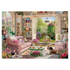 Tea Time Cabin Puzzle 1000 Piece for Adults, Book Cozytime Garden Jigsaw Puzzles, Dog Plant Puzzle