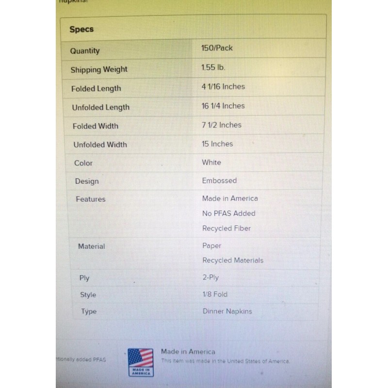 NPS Paper WHITE DINNER NAPKIN 15" x 17" 1/8 FOLD,