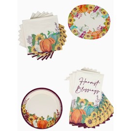 Thanksgiving Pumpkin Flower Dinner Paper Plates and Napkin 66Pcs Fall Plates and Napkins 12 Large Plate12 x 10" ~16 Salad Smaller Plates 8" x 8" ~24 Square Napkins and 14 Dessert Napkins B.A.C