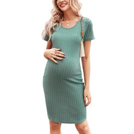 Ekouaer Maternity Dress Rib Knit Short Sleeve Bodycon Dresses Casual Stretchy Pregnancy Baby Shower Clothes Mint Green Small