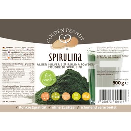 GOLDEN PEANUT Spirulina Algen Pulver 500 g – Spirulinapulver, 100 % rein, Rohkost ohne Zusätze, Premium Lebensmittelqualität