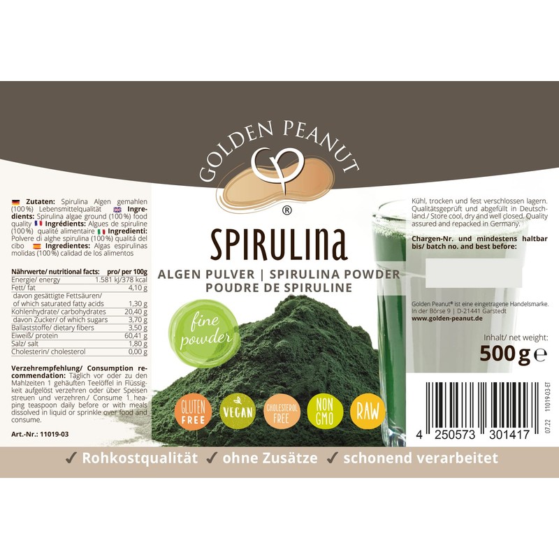 GOLDEN PEANUT Spirulina Algen Pulver 500 g – Spirulinapulver, 100