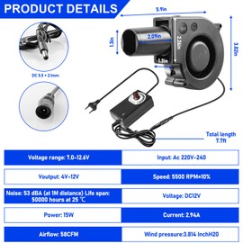 BAIFULAI Centrifugal Fan 12 V, AC 220 V Blower Fan with Controller and Tube for Household Appliances, 97 x 33 mm Cooling Fan, Turbine Blower for Heaters, Grills, BBQ, Picnic