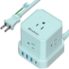 Micshion Cube Power Tap (2400 W), Type-C Extension Cord, 6.6 ft (2 m), USB Outlet Included, Surge Protection, 5 AC Outlets, 3 USB Ports, 1 Type-C Power Tap, USB Included, Octopus Wiring, Table Tap