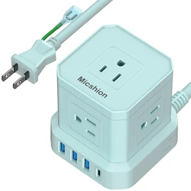 Micshion Cube Power Tap (2400 W), Type-C Extension Cord, 6.6 ft (2 m), USB Outlet Included, Surge Protection, 5 AC Outlets, 3 USB Ports, 1 Type-C Power Tap, USB Included, Octopus Wiring, Table Tap