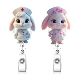 2 Pcs Easter Badge Reel with Badge Holder Retractable Clip，Nurse Rabbit Acrylic Badge Reels for ID Card Cute Bunny Alligator Clip Accessories for Nursing Student Medical Worker Teacher